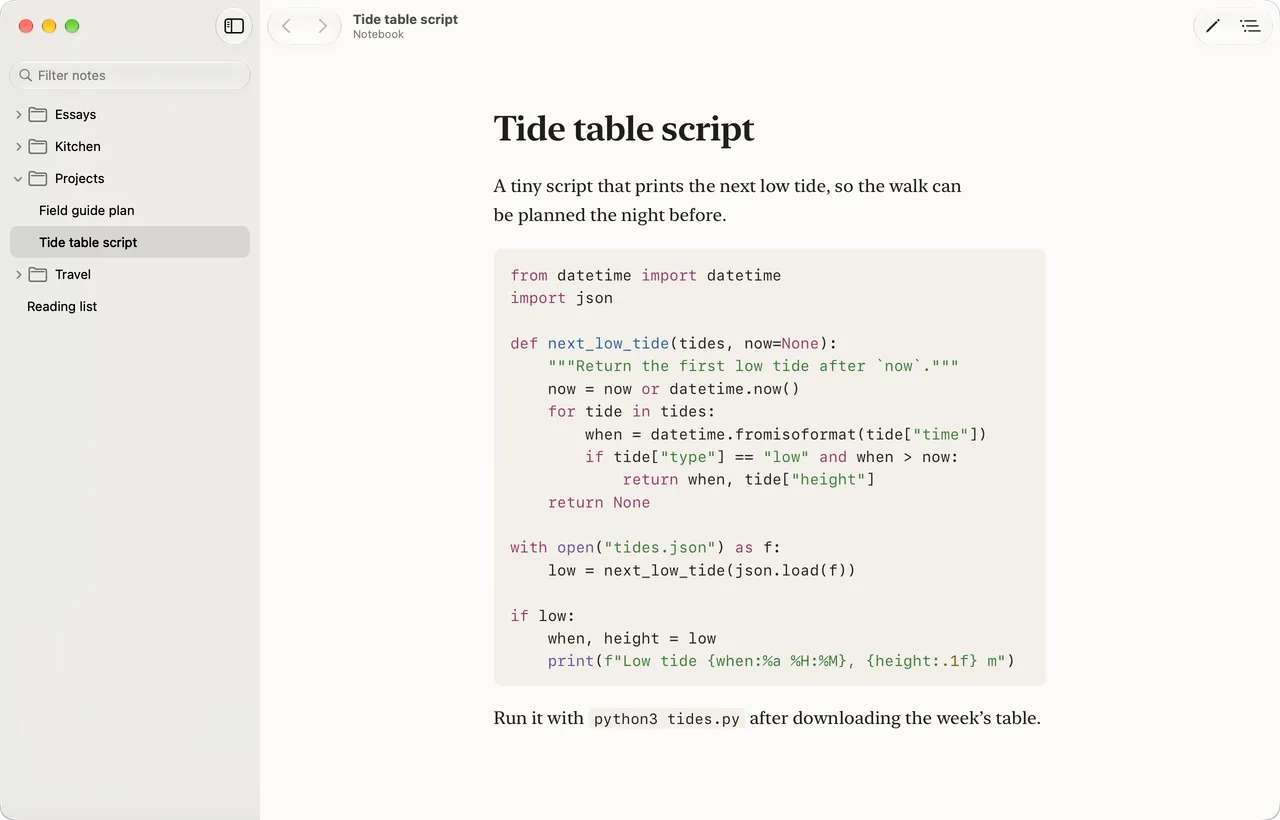 A folder of notes in the sidebar, with a note containing a highlighted Python script.